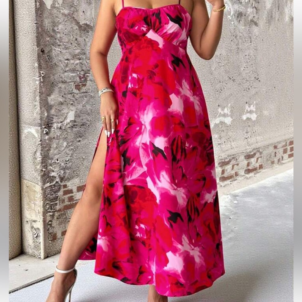 SHEIN Hot Pink Floral Strapless Midi Dress with Side Slits